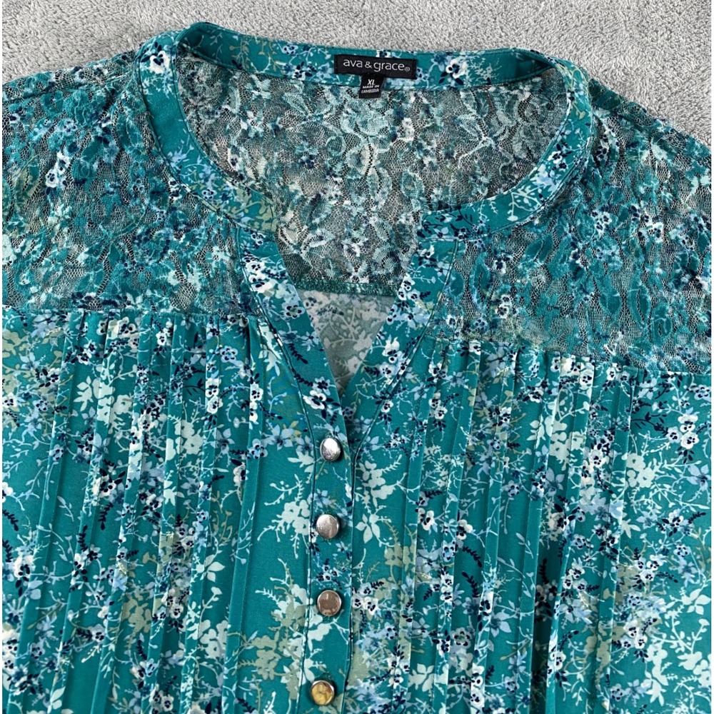 Ava & Grace Womens XL Teal Floral Pintuck Lace Yoke 3/4 Roll Tab Sleeve Blouse - Picture 12 of 14